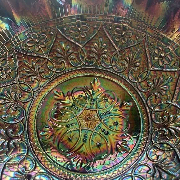 FENTON HEARTS & FLOWERS AMETHYST CARNIVAL GLASS Medallion Fruit Bowl pedestal - Picture 11 of 13